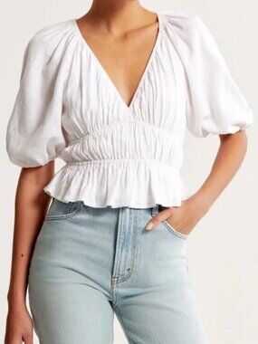 Abercrombie & Fitch Short-Sleeve Linen-Blend Babydoll Top - Size M